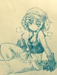  1girl :/ bangs blush breasts cleavage closed_mouth clothes_around_waist commentary_request cup efukei eyebrows_visible_through_hair gloves hair_bobbles hair_ornament hat holding holding_cup jumpsuit kawashiro_nitori looking_at_viewer medium_breasts monochrome pants sitting solo straw sweat tank_top touhou traditional_media twintails 
