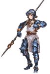  1boy alpha_transparency armor brown_eyes full_body gran_(granblue_fantasy) granblue_fantasy helmet lancer_(granblue_fantasy) male_focus minaba_hideo official_art over_shoulder short_hair solo transparent_background weapon weapon_over_shoulder 