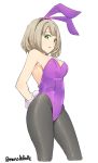  1girl animal_ears arms_behind_back bangs black_legwear breasts bunny_tail bunnysuit cleavage fake_animal_ears fake_tail green_eyes highres large_breasts leotard light_brown_hair looking_at_viewer manabebebe pantyhose parted_lips purple_leotard rabbit_ears short_hair simple_background solo strapless strapless_leotard tail tokyo_7th_sisters twitter_username wanibuchi_emoko white_background 