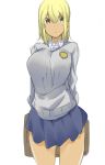 1girl arms_behind_back bangs blonde_hair blue_skirt breasts closed_mouth cowboy_shot dark_skin eyebrows_visible_through_hair grey_sweater hair_between_eyes highres holding_bag large_breasts looking_to_the_side manabebebe original pleated_skirt school_uniform simple_background sketch skirt solo thighs white_background yellow_eyes 