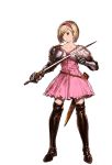  1girl alpha_transparency blonde_hair bob_cut boots brown_eyes djeeta_(granblue_fantasy) dress fighter_(granblue_fantasy) full_body gauntlets granblue_fantasy hairband juliet_sleeves long_sleeves minaba_hideo official_art pink_dress puffy_sleeves scabbard sheath short_hair solo sword thigh-highs thigh_boots transparent_background weapon 