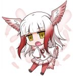  1girl :o bangs blunt_bangs blush buttons chibi collar crested_ibis_(kemono_friends) drawstring eyebrows_visible_through_hair eyelashes feathers frilled_sleeves frills full_body fur_collar gloves gradient_hair hand_on_own_chest head_wings jitome kemono_friends long_sleeves looking_at_viewer multicolored_hair music noai_nioshi open_mouth outline pantyhose pleated_skirt red_gloves red_legwear redhead shirt shoe_soles short_hair short_hair_with_long_locks sidelocks singing skirt solo two-tone_hair white_background white_shirt white_skirt wide_sleeves wings yellow_eyes 