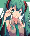  1girl :p bare_shoulders closed_mouth collared_shirt green_eyes green_hair green_necktie grey_shirt hair_ornament hand_up hatsune_miku head_tilt highres long_hair looking_at_viewer necktie number_tattoo salute shirt sleeveless sleeveless_shirt solo tattoo tongue tongue_out twintails two-tone_background upper_body very_long_hair vocaloid wing_collar yuusei_tsukiro 
