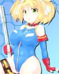  1girl blonde_hair breasts fingerless_gloves gloves green_eyes gundam gundam_card_builder highleg highleg_leotard highres hips large_breasts leotard looking_at_viewer ogw_(ogawa) open_mouth red_eyes reiko_holinger short_hair short_twintails simple_background solo thick_thighs thigh-highs thighs twintails white_legwear 