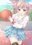 1girl :3 :d aqua_skirt bangs basketball basketball_court basketball_hoop black_legwear blonde_hair blue_sky blurry blush bra breasts cleavage clouds cloudy_sky collarbone depth_of_field eyebrows_visible_through_hair fang hair_ornament hair_scrunchie hairclip highres holding kohinata_hoshimi long_hair looking_at_viewer medium_breasts moe2017 open_mouth original outdoors partially_unbuttoned pink_bra plaid plaid_skirt pleated_skirt red_eyes running school_uniform scrunchie see-through shirt skirt sky sleeves_rolled_up smile solo star star_hair_ornament thigh-highs two_side_up underwear white_shirt wristband 