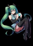 1girl absurdres black_background detached_sleeves full_body green_eyes green_hair hatsune_miku highres long_hair looking_at_viewer necktie skirt solo thigh-highs twintails very_long_hair vocaloid yueye_(blbl-y) 