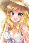  1girl :d blonde_hair blue_eyes blush breasts cleavage eyebrows_visible_through_hair flower hat hat_flower idolmaster idolmaster_cinderella_girls jewelry large_breasts long_hair looking_at_viewer mio_(mgr300) necklace ootsuki_yui open_mouth shell_necklace smile solo sun_hat upper_body 