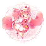  1girl :d animal_ears choker cure_whip dated extra_ears eyebrows_visible_through_hair food food_themed_hair_ornament fruit gloves hair_ornament highres kirakira_precure_a_la_mode long_hair looking_at_viewer magical_girl open_mouth pink_eyes pink_hair precure rabbit_ears shimogu signature smile solo strawberry twintails usami_ichika very_long_hair white_gloves 