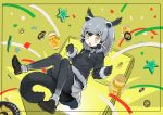  1girl :o animal_ears artist_request binturong_(kemono_friends) binturong_ears binturong_tail black_gloves black_hair black_legwear black_shirt blush blush_stickers breasts brown_shoes chest coin coming_out commentary_request dot_nose eyebrows_visible_through_hair eyelashes full_body fur-trimmed_sleeves fur_trim gloves grey_hair grey_ribbon grey_skirt hair_ornament hair_ribbon japari_coin jar kemono_friends knees_together_feet_apart light_brown_eyes loafers long_sleeves looking_away multicolored_hair neck_ribbon official_art open_mouth pantyhose pleated_skirt ribbon romaji shirt shoes short_hair sidelocks skirt small_breasts socks socks_over_pantyhose solo star surprised tail tareme tress_ribbon white_ribbon wide-eyed 