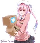  1girl amazon_(company) beret blue_hair box brand_name_imitation cardboard_box carrying disco_brando flying_sweatdrops gradient_hair harusame_(kantai_collection) hat highres kantai_collection long_hair multicolored_hair open_mouth pink_eyes pink_hair pleated_skirt school_uniform serafuku side_ponytail skirt solo sweater twitter twitter_username 