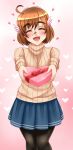  1girl bakuon!! blue_skirt blush brown_hair chocolate chocolate_on_face closed_eyes food food_on_face hair_ornament heart heart-shaped_box highres miniskirt open_mouth pantyhose pink_background pleated_skirt sakura_hane skirt smile solo sweater thick_eyebrows twrlare valentine 