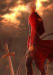  1boy absurdres archer bow_(weapon) clouds dark_skin fate/stay_night fate_(series) field_of_blades from_side highres holding holding_weapon male_focus short_hair silver_hair solo standing sword unlimited_blade_works weapon yellow_eyes 