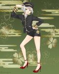  1boy belt black_shorts commentary_request green_eyes hand_on_hip hat high_heels hotarumaru male_focus otanagare partial_commentary red_shoes shoes short_shorts shorts silver_hair touken_ranbu 