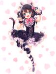  1girl :3 :d ahoge animal_ears black_dress black_hair black_legwear black_shoes blue_eyes bow bowtie cat_ears cat_tail cyan_(show_by_rock!!) dress fangs frilled_dress frills full_body hair_bow headdress heart heart_background looking_at_viewer mary_janes nail_polish open_mouth paw_pose pink_bow pink_bowtie puffy_short_sleeves puffy_sleeves red_nails ringlets shimogu shoes short_sleeves show_by_rock!! smile solo sparkle striped striped_legwear tail white_legwear wrist_cuffs 
