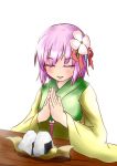  1girl bangs bloom blunt_bangs closed_eyes colored_eyelashes eyebrows_visible_through_hair flower food hair_flower hair_ornament hands_together hieda_no_akyuu highres hiroshi_12 japanese_clothes kimono lips obi onigiri purple_hair sash simple_background solo table touhou white_background wrapper 