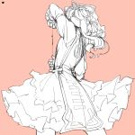  1girl arm_up bow chiyoshi_(sevendw) color_guide dress from_side gap hair_bow hair_over_eyes hat long_hair magic mob_cap monochrome opening_gap perspective pink_background simple_background sketch solo tabard touhou yakumo_yukari 