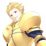  1boy armor blonde_hair fate/stay_night fate_(series) gilgamesh grin highres looking_at_viewer male_focus manabebebe parted_lips red_eyes shoulder_armor simple_background smile solo spiky_hair teeth upper_body white_background 