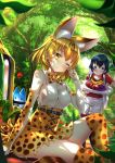  2girls animal_ears arm_support backpack bag bare_shoulders black_hair blonde_hair blue_eyes blush bow bowtie cat_ears cat_tail elbow_gloves gloves hat highres kaban kemono_friends looking_at_viewer lucky_beast_(kemono_friends) multiple_girls safari_hat serval_(kemono_friends) serval_ears serval_print serval_tail short_hair sitting skirt sleeveless smile swordsouls tail thigh-highs yellow_eyes 