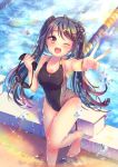  1girl ahoge bangs barefoot blurry blush braid breasts cleavage collarbone competition_swimsuit covered_navel depth_of_field dolphin_hair_ornament fang foreshortening goggles hair_ornament hairclip heart_hair_ornament holding holding_goggles lane_line large_breasts lens_flare long_hair looking_at_viewer mitsuhachi8 moe2017 one-piece_swimsuit open_mouth original pool sidelocks smile solo swept_bangs swimsuit thighs twintails v very_long_hair water_drop wet 