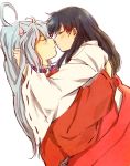  1boy 1girl animal_ears black_hair closed_eyes couple grey_hair hetero higurashi_kagome incipient_kiss inuyasha inuyasha_(character) japanese_clothes long_hair lying miko motobi_(mtb_umk) profile very_long_hair wide_sleeves 