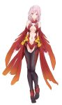  1girl acy bare_shoulders black_legwear breasts center_opening cleavage detached_sleeves elbow_gloves fingerless_gloves full_body gloves guilty_crown hair_ornament hairclip highres long_hair looking_at_viewer medium_breasts navel pink_hair red_eyes solo twintails yuzuriha_inori 