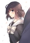  1girl bangs blue_eyes blush brown_hair eyebrows_visible_through_hair hair_between_eyes looking_at_viewer original parted_lips petals school_uniform serafuku shade shikino_yuki short_hair simple_background solo upper_body white_background 