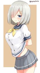  1girl arm_behind_back blue_eyes blush breasts brown_background chaa_(korone-ze) closed_mouth embarrassed from_side grey_eyes grey_skirt hair_ornament hair_over_one_eye hairclip hamakaze_(kantai_collection) highres kantai_collection large_breasts looking_at_viewer midriff no_legwear outside_border pleated_skirt school_uniform serafuku short_hair silver_hair skirt solo striped striped_skirt sweatdrop twitter_username 