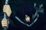  1boy bandage blue_eyes blue_hair hair_over_one_eye hiiragi_hekitsuki holding holding_weapon noragami solo weapon yato_(noragami) 