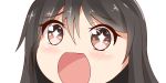  +_+ 1girl black_hair brown_eyes chikuma_(kantai_collection) close-up eyebrows_visible_through_hair hair_between_eyes kantai_collection long_hair looking_at_viewer no_nose open_mouth simple_background sin-poi solo sparkling_eyes symbol-shaped_pupils white_background 