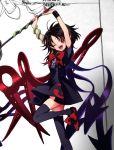  1girl arms_up asymmetrical_wings black_dress black_hair black_legwear bow character_name colored dress harukawa_moe houjuu_nue one_eye_closed open_mouth polearm red_bow red_eyes red_shoes shoes short_dress snake solo thigh-highs touhou trident weapon wings 