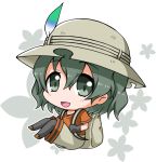  1girl :d backpack bag black_eyes black_gloves black_hair blush chibi eyebrows_visible_through_hair eyelashes floating floral_background full_body gloves hair_between_eyes hat hat_feather kaban kemono_friends knees_together_feet_apart loafers looking_at_viewer noai_nioshi open_mouth outline pants pantyhose red_shirt safari_hat shirt shoes short_hair short_sleeves smile solo tareme white_background white_outline 