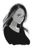  1girl absurdres black_shirt earrings eyelashes glasses greyscale highres jewelry lips long_hair looking_at_viewer monochrome multiple_earrings original poaro rimless_glasses shirt simple_background solo stud_earrings upper_body white_background 