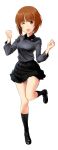  1girl ;d bangs black_legwear black_shoes black_skirt breasts brown_eyes clenched_hands eyebrows_visible_through_hair full_body girls_und_panzer grey_shirt kneehighs knees_together_feet_apart leg_up loafers long_sleeves looking_at_viewer medium_breasts nishizumi_miho one_eye_closed open_mouth orange_hair pleated_skirt shirt shoes skirt smile solo standing standing_on_one_leg tareme thigh_gap w_arms wa_(genryusui) wing_collar 
