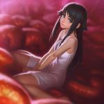  1girl bare_shoulders black_hair breasts dress dutch_angle green_eyes ilya_kuvshinov lips long_hair nose saya saya_no_uta sitting sleeveless small_breasts smile solo sundress very_long_hair wariza white_dress 