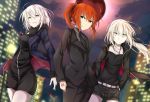  3girls alternate_costume black_shorts blonde_hair blurry blurry_background breasts command_spell commentary_request fate/grand_order fate_(series) formal fujimaru_ritsuka_(female) hair_between_eyes jeanne_alter jewelry long_hair long_sleeves looking_at_viewer multiple_girls necklace necktie orange_hair outdoors pant_suit ram_hachimin ruler_(fate/apocrypha) saber saber_alter short_hair shorts side_ponytail smile suit yellow_eyes 