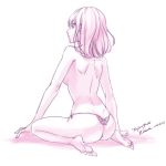  1girl artist_name ass bangs barefoot bed_sheet breasts closed_mouth dated dimples_of_venus from_behind full_body lineart medium_breasts monochrome original profile purple shoulder_blades signature sitting solo tenjou_tsuki thong thong_panties topless wariza 