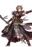  1boy alpha_transparency boots brown_eyes brown_hair feathers full_body gran_(granblue_fantasy) granblue_fantasy male_focus minaba_hideo official_art open_mouth outstretched_arm pelvic_curtain short_hair sleeveless solo sorcerer_(granblue_fantasy) staff transparent_background wide_stance 
