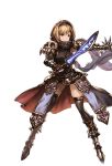  1girl alpha_transparency blonde_hair bob_cut brown_eyes djeeta_(granblue_fantasy) elbow_gloves enhancer_(granblue_fantasy) gloves granblue_fantasy hairband looking_at_viewer minaba_hideo official_art scarf short_hair skull sleeveless smile solo sword transparent_background weapon wide_stance 