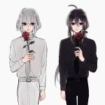  2boys ahoge black_hair flower honebami_toushirou male_focus multiple_boys namazuo_toushirou necktie ponytail red_rose rose smile touken_ranbu violet_eyes white_hair zy_(dondokodo-mu) 