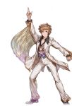  1boy alpha_transparency brown_eyes brown_hair formal fringe full_body gran_(granblue_fantasy) granblue_fantasy looking_at_viewer minaba_hideo pointing pointing_up pose saturday_night_fever short_hair solo suit superstar_(granblue_fantasy) transparent_background white_suit 