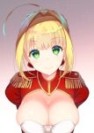  1girl ahoge asahina_hikage blonde_hair braid breasts cleavage epaulettes fate/extra fate_(series) gradient gradient_background green_eyes hair_intakes large_breasts looking_at_viewer saber_extra skindentation smile solo upper_body 