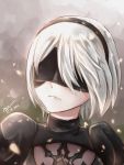  1girl black_dress blindfold breasts dress hairband llws mole mole_under_mouth nier_(series) nier_automata puffy_sleeves short_hair silver_hair solo yorha_no._2_type_b 