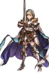  1girl alpha_transparency armor bob_cut boots brown_eyes cape djeeta_(granblue_fantasy) full_body granblue_fantasy hairband holy_saber_(granblue_fantasy) minaba_hideo official_art short_hair skirt solo sword transparent_background weapon white_cape 