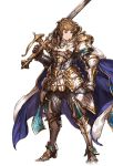  1boy alpha_transparency armor brown_eyes brown_hair cape full_body gran_(granblue_fantasy) granblue_fantasy holy_saber_(granblue_fantasy) male_focus minaba_hideo official_art over_shoulder short_hair solo sword sword_over_shoulder transparent_background weapon weapon_over_shoulder 