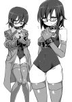  1girl breasts choker covered_navel cowboy_shot cuffs elbow_gloves glasses gloves greyscale highres jacket kinbakuman monochrome original school_swimsuit semi-rimless_glasses short_hair small_breasts smile solo swimsuit thigh-highs under-rim_glasses 