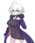  1girl ahoge bangs black_coat black_dress breasts chan_co coat collarbone cowboy_shot dress fate/grand_order fate_(series) fur_trim hair_between_eyes hand_on_own_chest hand_up jacket jeanne_alter jewelry large_breasts legs_together long_sleeves looking_at_viewer necklace open_clothes open_coat open_mouth ruler_(fate/apocrypha) short_dress short_hair silver_hair simple_background solo standing upper_body white_background yellow_eyes 