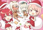  4girls :d ;) ahoge alternate_costume blush_stickers chibi commentary_request dress engiyoshi grey_eyes hat i-168_(kantai_collection) i-58_(kantai_collection) kantai_collection long_hair looking_at_viewer multiple_girls one_eye_closed open_mouth pink_eyes pink_hair ponytail red_dress red_eyes revision ro-500_(kantai_collection) santa_costume santa_hat short_hair silver_hair smile tan u-511_(kantai_collection) 