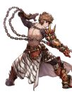  1boy alpha_transparency animal_print armor armored_boots back boots brown_eyes brown_hair chains circlet fighting_stance from_behind full_body gauntlets gran_(granblue_fantasy) granblue_fantasy looking_afar male_focus minaba_hideo nagatekkou official_art ogre_(granblue_fantasy) shirtless side_slit solo tiger_print transparent_background wide_stance zebra_print 