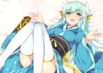  1girl absurdres aqua_hair blush breasts commentary_request fate/grand_order fate_(series) green_hair haruyuki_(yukichasoba) highres horns japanese_clothes kimono kiyohime_(fate/grand_order) knees_together_feet_apart long_hair looking_at_viewer lying on_back open_mouth sash solo thigh-highs wh white_legwear wide_sleeves yellow_eyes 