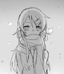  1girl arms_behind_back blush breath covering_mouth greyscale hair_ornament hairclip half-closed_eyes kousaka_kirino long_hair looking_at_viewer monochrome ore_no_imouto_ga_konna_ni_kawaii_wake_ga_nai scarf sketch snowing solo sudachi_(calendar) winter_clothes 